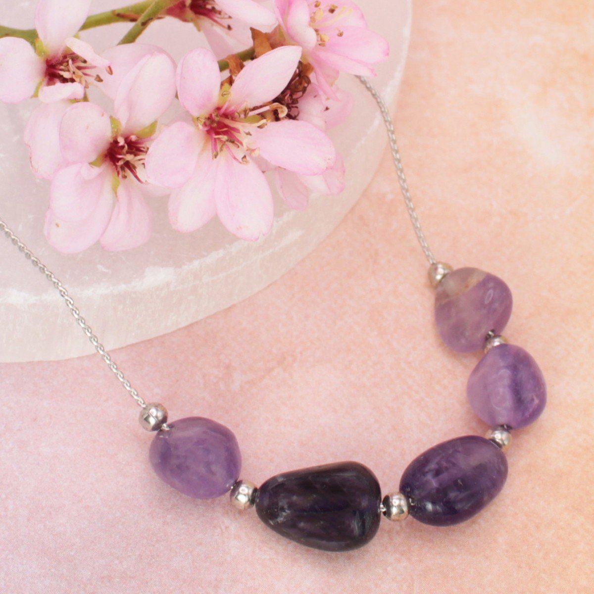 Image of Tumbled Genuine Stone Bead Silver Necklace