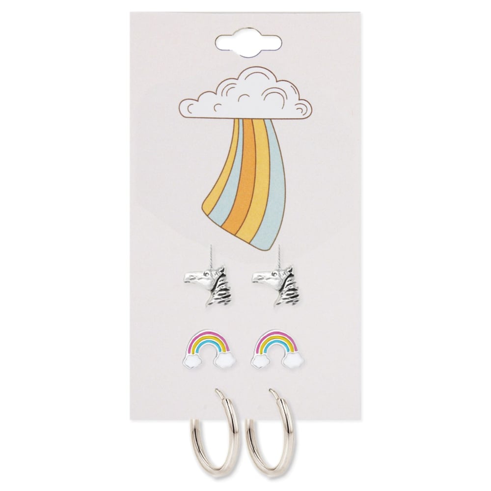 Image of Silver Unicorn Rainbow Post Hoop Earring Set