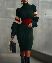 Image 2 of Dark Green Striped Sweater Dress