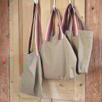 Image 11 of One-of-A-Kind Large Tote Bag with Stripe Handles. Boro Upcycled Oatmeal Denim 007-1