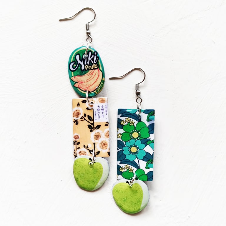 ‘green apple, banana floral’ – sunny side up earrings, singles or set