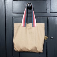 Image 8 of One-of-A-Kind Large Tote Bag with Stripe Handles. Boro Upcycled Oatmeal Denim 007-1