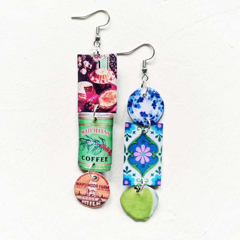 ‘matchless green coffee, floral blue’ – sunny side up earrings, singles or set