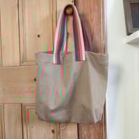 Image 3 of One-of-A-Kind Large Tote Bag with Stripe Handles. Boro Upcycled Oatmeal Denim 007-1