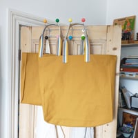Image 1 of Ochre Canvas Tote Bags with Stripe Handles Each is One-of-a-Kind Upcycled 007:4 & 007:5 