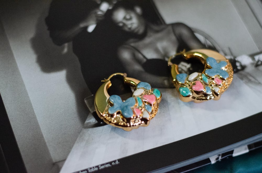 Image of Modern Chidima 3D Floral Enamel Gold Tone Hoop Earrings