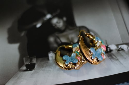 Image of Modern Chidima 3D Floral Enamel Gold Tone Hoop Earrings