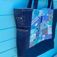 Image 2 of Coastal Blue Handmade Tote Bag Upcycled Vintage Fabrics & Denim