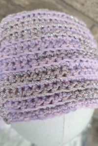 Image 3 of Lavender and Silver ribbed crochet bonnet 