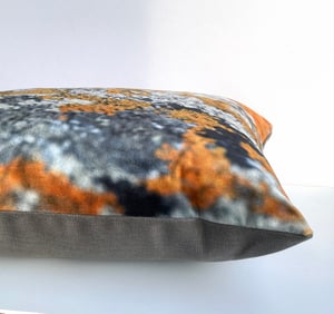 Image of Orange lichen, printed velvet and linen cushion