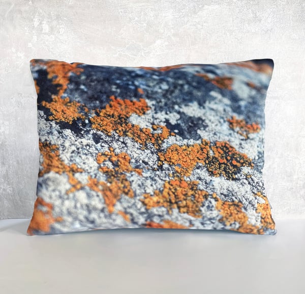 Image of Orange lichen, printed velvet and linen cushion