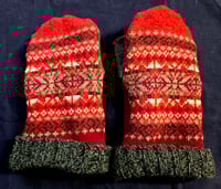 Image 1 of Upcycled Wool Adult Mittens size L-XL- Red Fair Isle