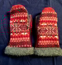 Image 1 of Upcycled Wool Adult Mittens S-M- Burgundy Fair Isle