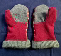 Image 2 of Upcycled Wool Adult Mittens S-M- Burgundy Fair Isle