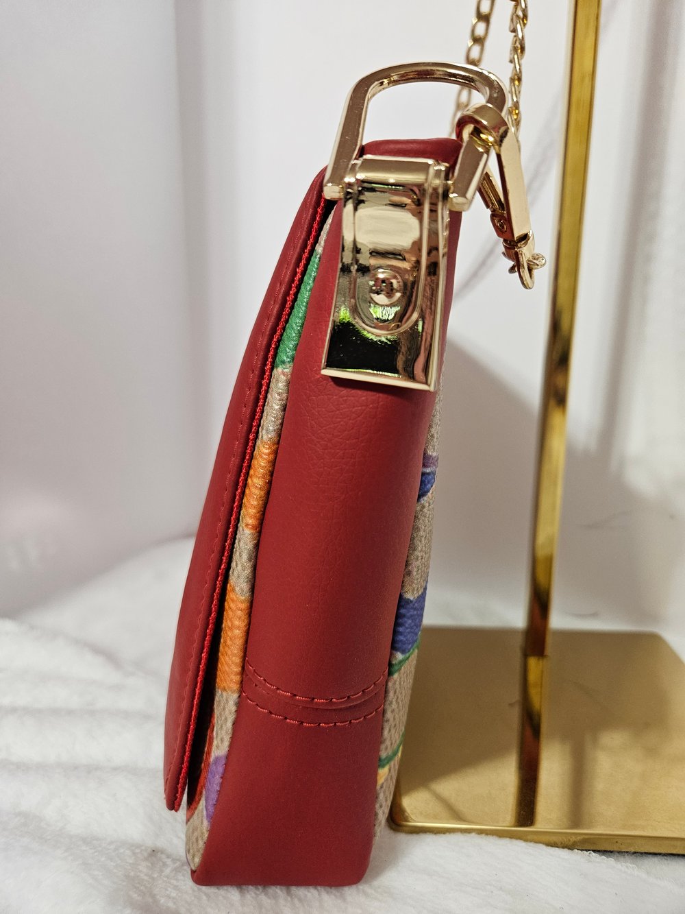 Image of Handmade Red Faux Leather Crossbody Bag: Gold Fan Accent