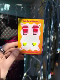 Image 2 of Sweet Sips Polymer Clay Earrings- Pink & Red Coffee Cup & Neon Yellow Love Heart Studs
