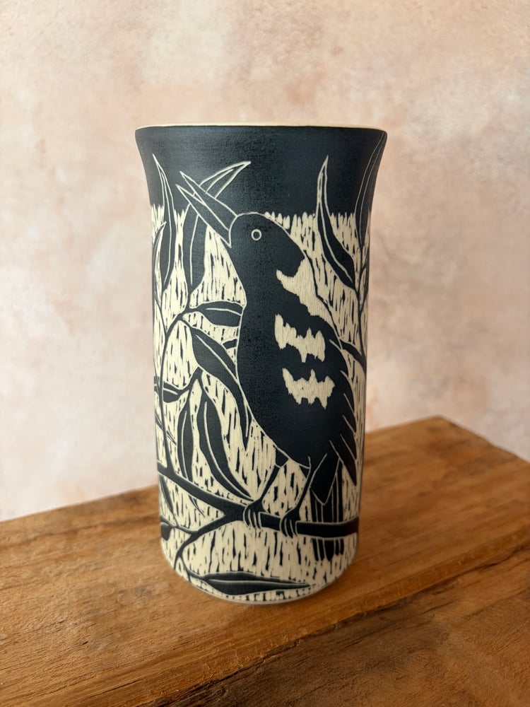 Image of Carved Bird Vase - Magpie 