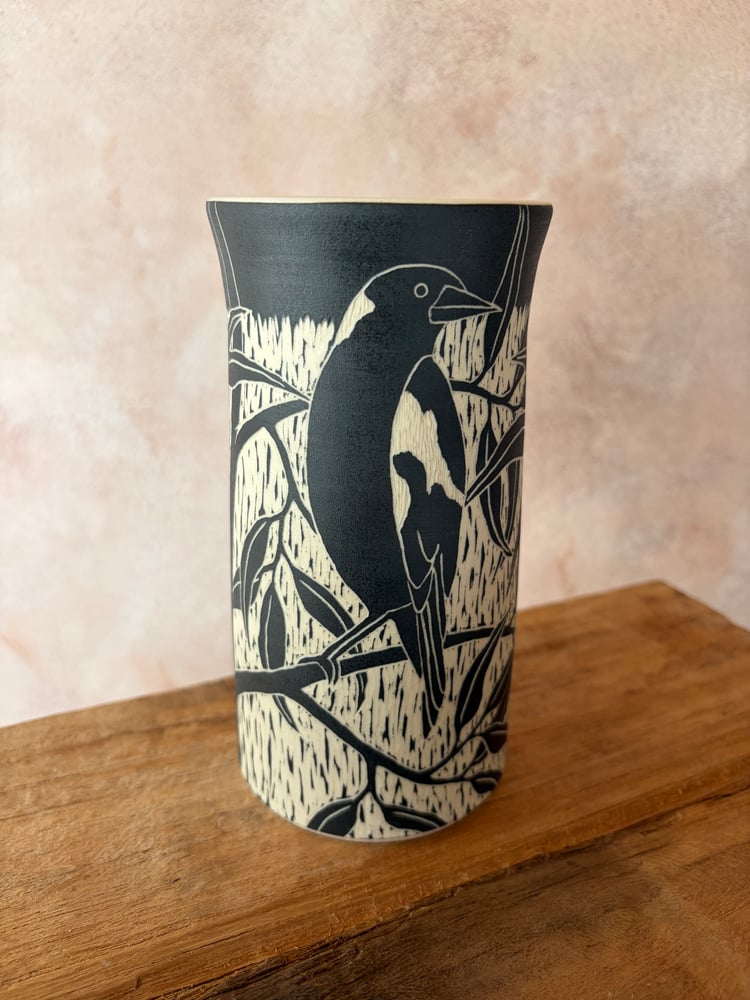 Image of Carved Bird Vase - Magpie 