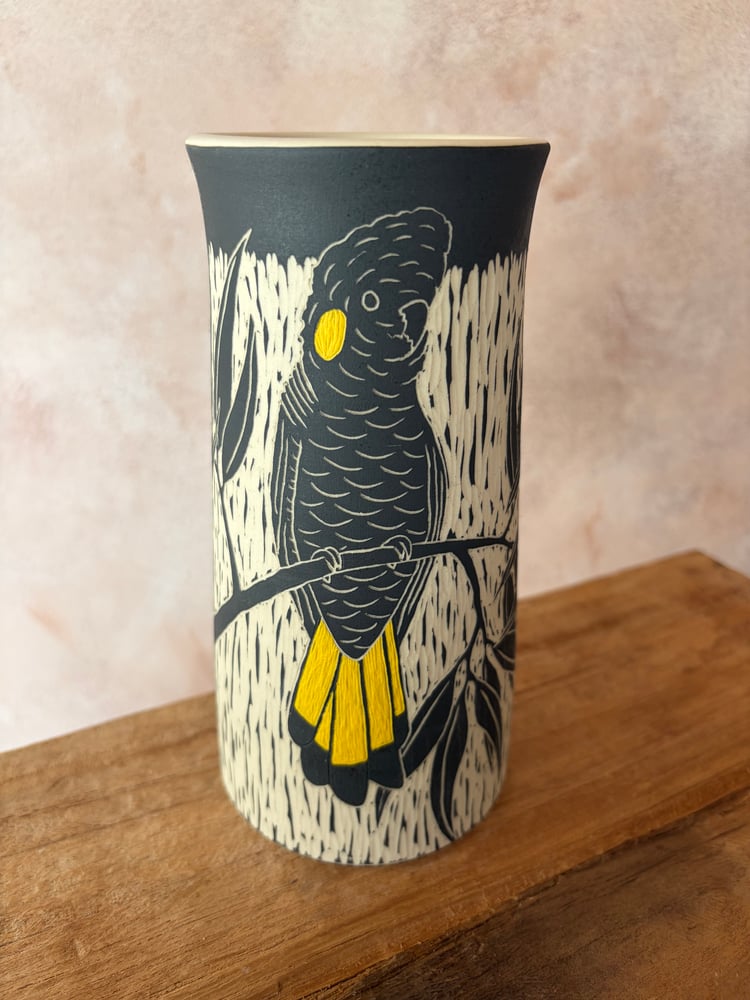 Image of Carved Bird Vase - Yellow-tailed Black Cockatooo