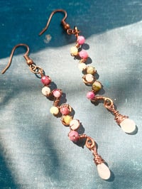 Image 1 of Tourmaline and moonstone copper wire wrapped dangle earrings