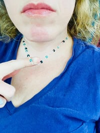 Image 1 of emerald, blue tigers eye, and silver beaded and wire wrapped necklace