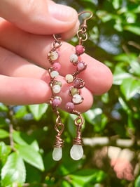 Image 2 of Tourmaline and moonstone copper wire wrapped dangle earrings