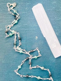 Image 2 of emerald, blue tigers eye, and silver beaded and wire wrapped necklace