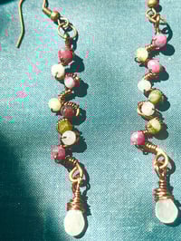 Image 3 of Tourmaline and moonstone copper wire wrapped dangle earrings