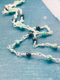 Image 3 of emerald, blue tigers eye, and silver beaded and wire wrapped necklace
