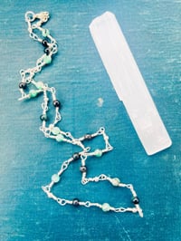 Image 5 of emerald, blue tigers eye, and silver beaded and wire wrapped necklace