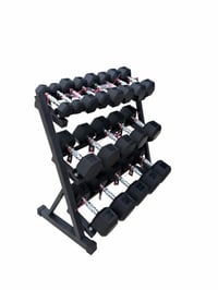 Image 1 of New pair of 5,10,15,20,25,30,40,50,60lb rubber dumbbells with rack