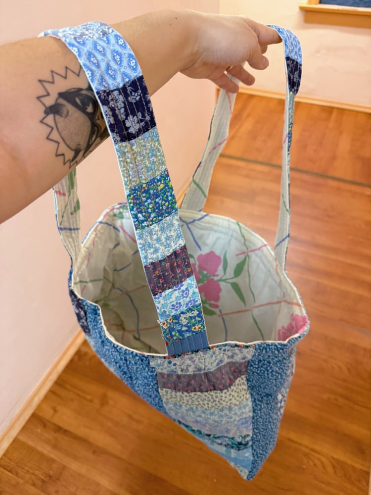 Image of Large Quilted Tote Bag — Blue Log Cabin
