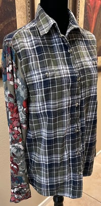 Image 4 of Vintage Funky Green Flannel Shirt Floral Sleeves Cactus