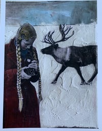 Image 1 of "We could be friends " art print  winter scene with reindeer and photographer 