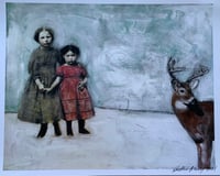Image 1 of Deer and vintage girls in snow  quality print