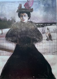 Image 2 of Quality art print winter vintage woman and owl  