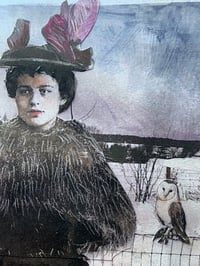 Image 1 of Quality art print winter vintage woman and owl  