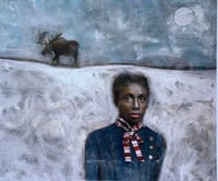 Image 1 of Woman and moose vintage winter scene  quality art print