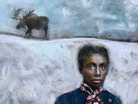 Image 2 of Woman and moose vintage winter scene  quality art print