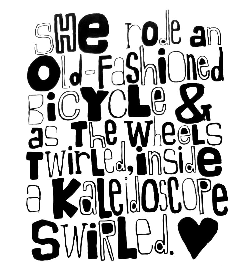 Image of ShE ROde aN OLd-fAShiONed BiCYCLe & aS tHe WhEELS tWiRLed iNSidE A KALeidOSCOPe SWiRLed. - 22" X 28"