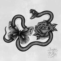 Image 1 of Tatoveringsdesign: slange, rose og sommerfugl