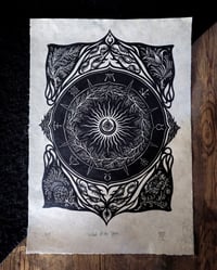 Image 1 of Lino print - "Wheel of the Year" - black ink on beige Lokta paper, 33 x 45 cm 