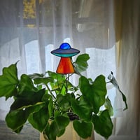 Image 3 of Stained Glass UFO Plant Stake - Blue & Orange