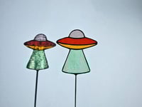 Image 1 of Stained Glass UFO Plant Stake - Pinky/Purple, Orange, & Green