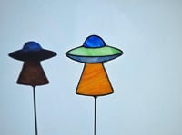 Image 1 of Stained Glass UFO Plant Stake - Blue, Green, & Orange