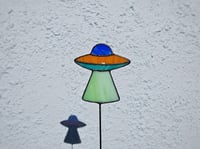 Image 2 of Stained Glass UFO Plant Stake - Blue, Orange, & Green