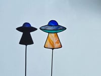 Image 1 of Stained Glass UFO Plant Stake - Blue & Orange