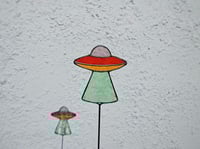 Image 2 of Stained Glass UFO Plant Stake - Pinky/Purple, Orange, & Green