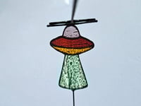 Image 3 of Stained Glass UFO Plant Stake - Pinky/Purple, Orange, & Green