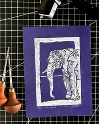 Image 1 of White Elephant (Purple Paper) Limited Edition Linocut Block Print